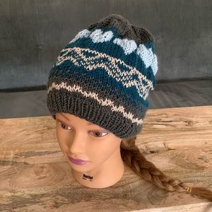 Fair Isle Hand Knitted Hat with Hearts and geometrical pattern -Merino Superwash
